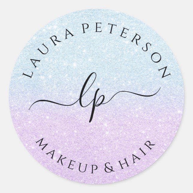 Pegatina Redonda Caligrafía manuscrita del purpurina azul púrpura (Anverso)