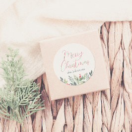 Pegatina Redonda Caligrafía navideña y verde de nombre familiar