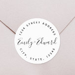 Pegatina Redonda Caligrafía Pareja Nombres Dirección Circular Boda<br><div class="desc">Etiquetas circulares de retorno diseñadas por personalizados con nombres personalizados de pareja/novia y novio en caligrafía moderna a mano. Ideal para decorar sobres bodas,  regalos,  favores,  nuevas invitaciones caseras,  y más!</div>