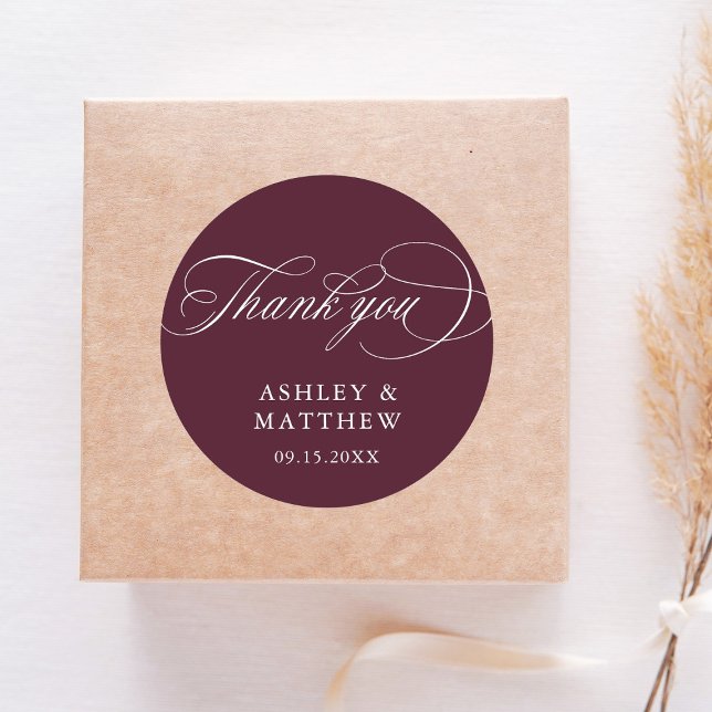 Pegatina Redonda Caligrafía romántica Boda de Borgoña Gracias (Subido por el creador)