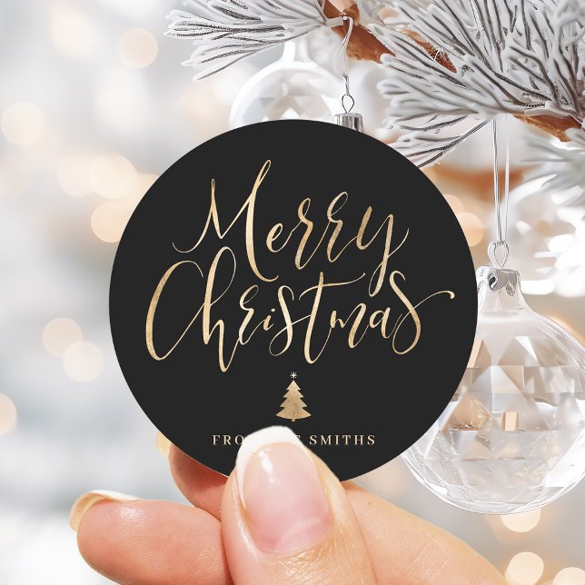 Pegatina Redonda Caligrafía simple en negro y oro Feliz Navidad (Black and Gold Simple Calligraphy Merry Christmas Classic Round Sticker)