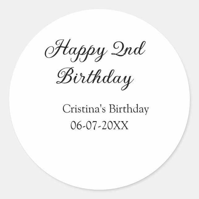 Pegatina Redonda caligrafía simple mínimo feliz segundo cumpleaños (Anverso)