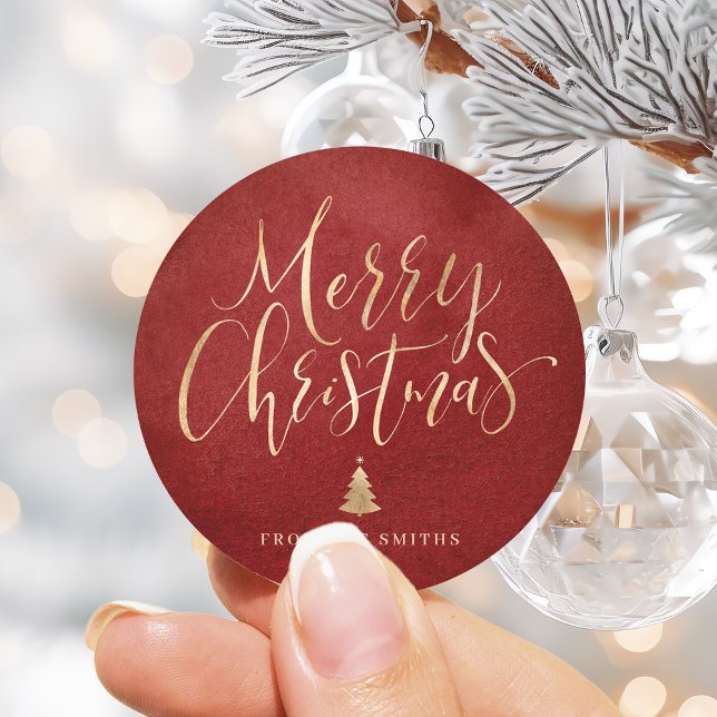 Pegatina Redonda Caligrafía simple roja y dorada Feliz Navidad (Red and Gold Simple Calligraphy Merry Christmas Classic Round Sticker)