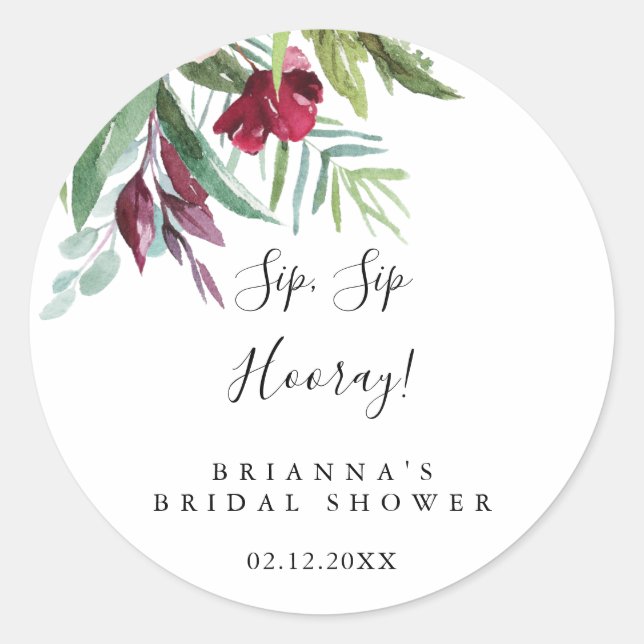Pegatina Redonda Caligrafía Sip Sip Tropical Hooray Bridal Shower (Anverso)