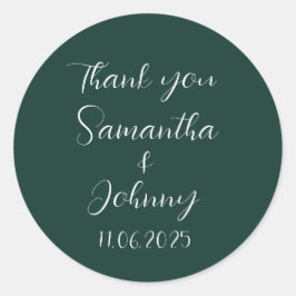 Pegatina Redonda Caligrafía verde esmeralda Boda de pareja elegante