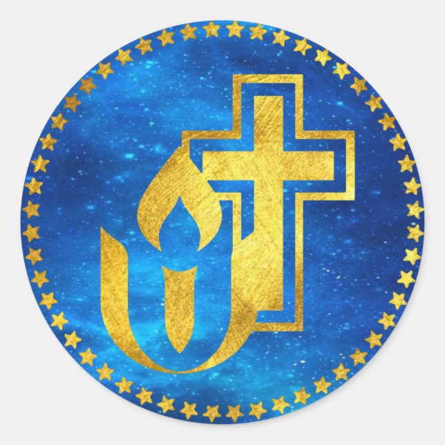 Pegatina Redonda Cáliz universalismo unitario y cruz cristiana (Anverso)