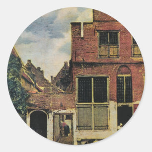 Pegatina Redonda Calle de Johannes Vermeer en Delft (alrededor de 1