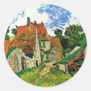 Pegatina Redonda Calle del pueblo en Auvers de Vincent Van Gogh