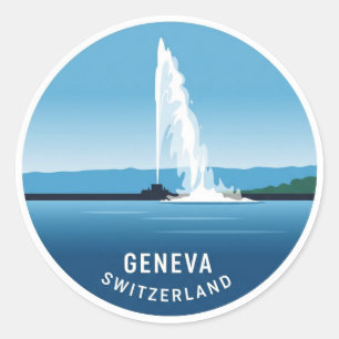 Pegatina Redonda Calle Ginebra Suiza Viaje Jet d'eau Sunset