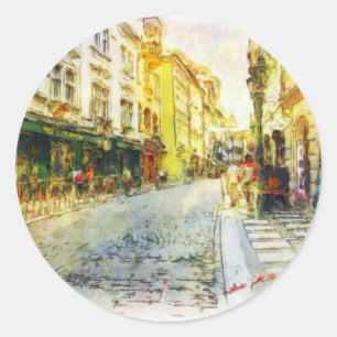 Pegatina Redonda Calles de la acuarela vieja de Praga