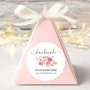 Pegatina Redonda Calligrafía acuarela artesanal de color rosa flora