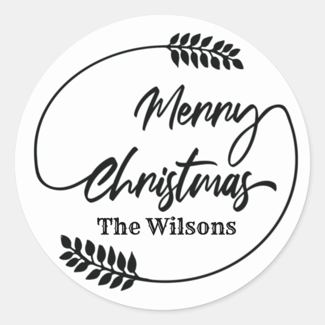 Pegatina Redonda Calligrafía Feliz Navidad corona botánica (Anverso)