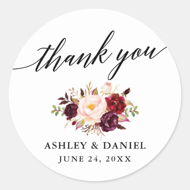 Pegatina Redonda Calligraphy Burgundy Boda Gracias (Anverso)