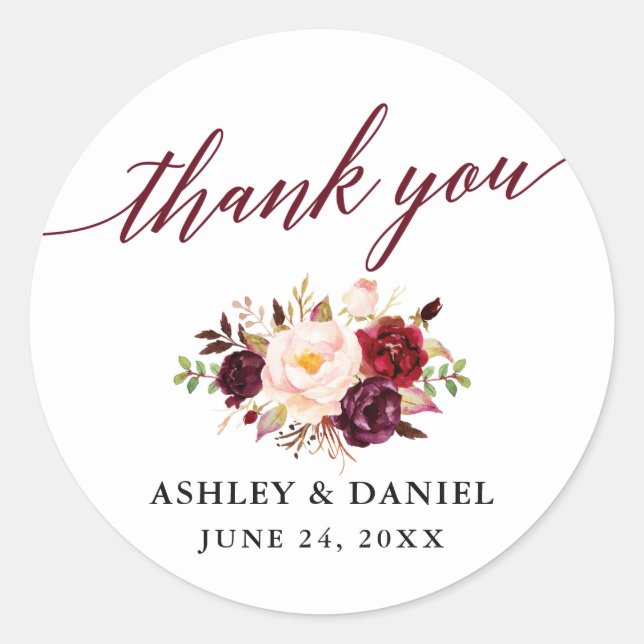 Pegatina Redonda Calligraphy Burgundy Boda Gracias (Anverso)