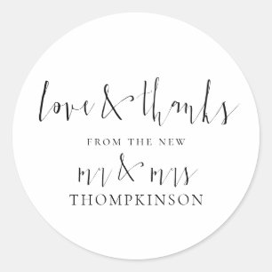 Pegatina Redonda Calligraphy New Mr. y Mrs. Love and Gracias