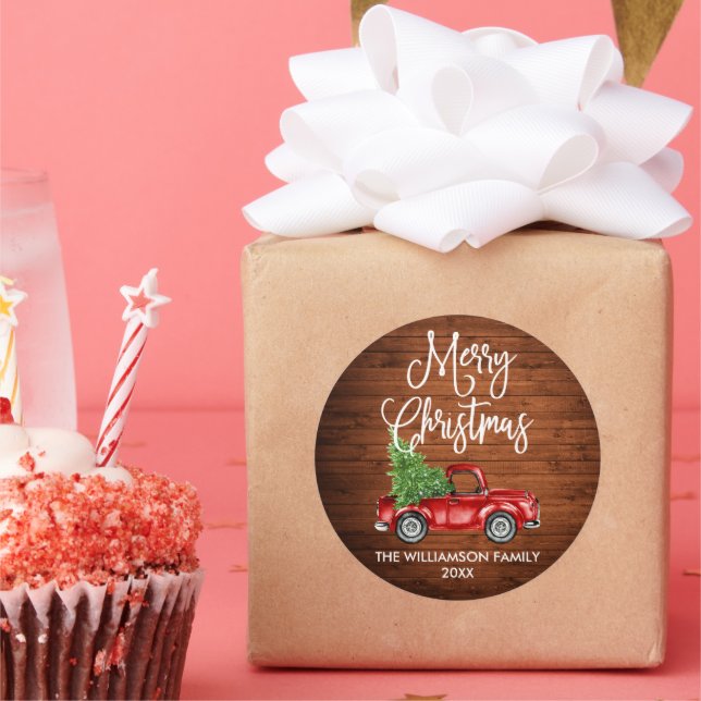 Pegatina Redonda Calligraphy Script Navidades de madera Camión Rojo (Fiesta)