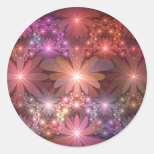 Pegatina Redonda Cama De Flores Colorido Brillante Arte Fractal Abs