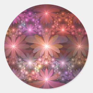 Pegatina Redonda Cama De Flores Colorido Brillante Arte Fractal Abs