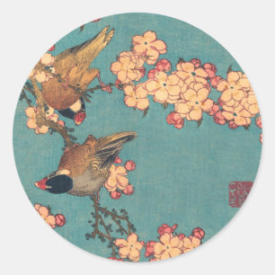 Pegatina Redonda Camachuelo de Hokusai y Flor de Cerezo Ave Vintage