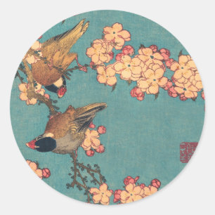 Pegatina Redonda Camachuelo de Hokusai y Flor de Cerezo Ave Vintage
