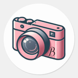 Pegatina Redonda Cámara de Fotografía Personalizada Rosa y Gris Fem