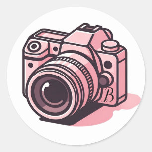 Pegatina Redonda Cámara réflex digital personalizada de moda rosa F