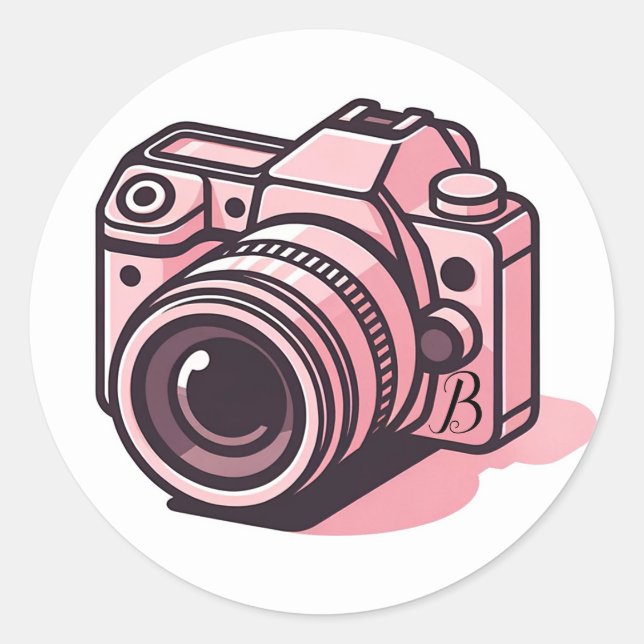 Pegatina Redonda Cámara réflex digital personalizada de moda rosa F (Anverso)