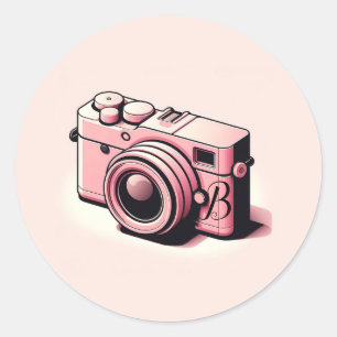 Pegatina Redonda Cámara Rosa Femenina Fotografía Personalizada