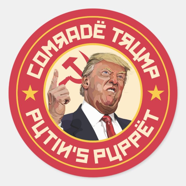 Pegatina Redonda Camarada Trump: El Ilustracion soviético títere de (Anverso)