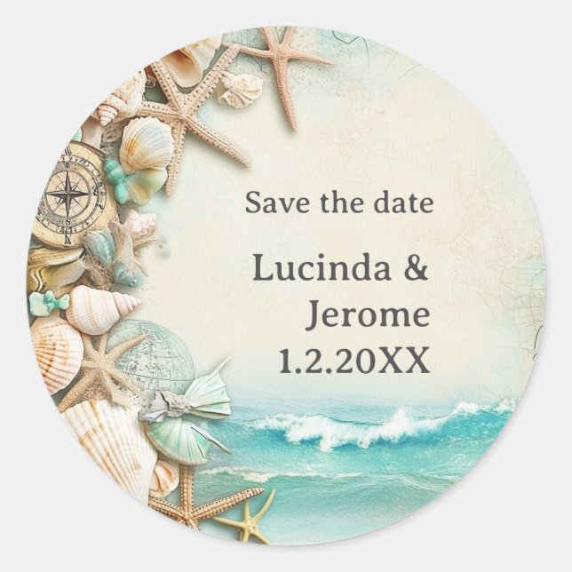 Pegatina Redonda Camaradas de bodas en la playa (Anverso)