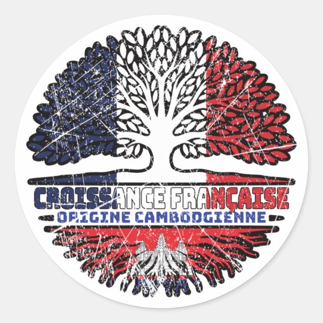 Pegatina Redonda Camboya: Bandera de raíces de árbol de Francia fra (Anverso)