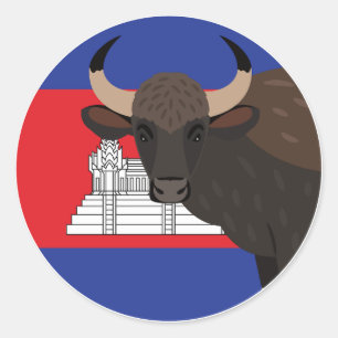 Pegatina Redonda Camboya Kouprey Bandera nacional animal camboyana