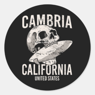 Pegatina Redonda Cambria California Ca Surf Cráneo Vintage Hombres
