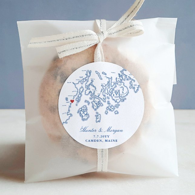 Pegatina Redonda Camden Maine Map Elegant Navy Blue Wedding Favor (wedding favor label with Camden Maine map and couples names, date and town)