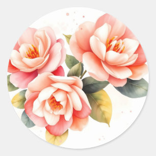 Pegatina Redonda Camelias rosa y rosa suave en marfil