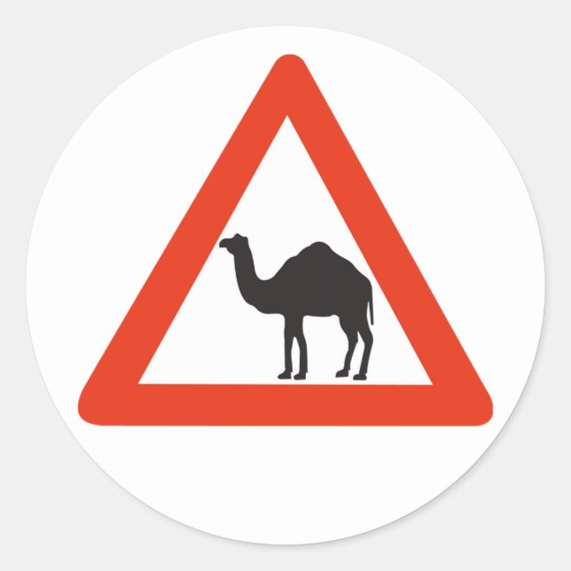 Pegatina Redonda Camellos de precaución, Rótulo de tráfico, Emirato (Anverso)