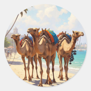 Pegatina Redonda Camellos en la playa en Mombasa Kenia