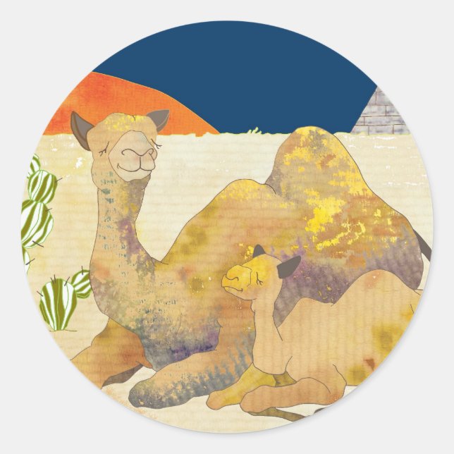 Pegatina Redonda Camellos y pirámides en Egipto (Anverso)