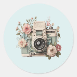 Pegatina Redonda Camera with Flowers Retro Pastel Image