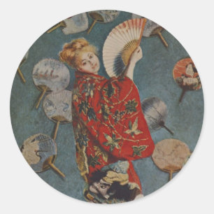 Pegatina Redonda Camille Monet, disfraz japonés de Claude Monet