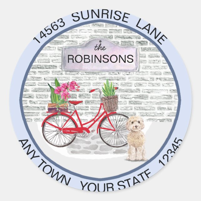 Pegatina Redonda Caminando Cockapoo Moviendo Bicicleta Nueva Direcc (Anverso)