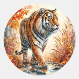 Pegatina Redonda Caminando tigres en arte otoñal