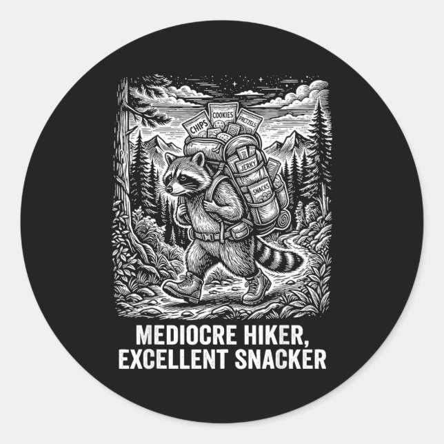 Pegatina Redonda Caminante mediocre excelente snacker mapache diver (Anverso)