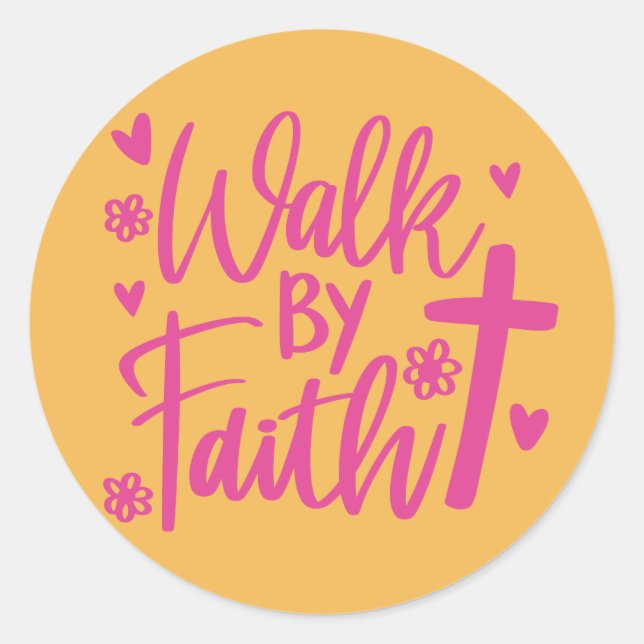Pegatina Redonda Caminata cristiana por Faith Yellow Pink (Anverso)