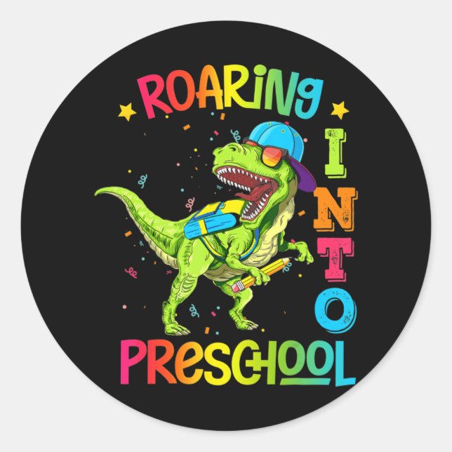 Pegatina Redonda Camino al profesor de dinosaurio preescolar preesc (Anverso)