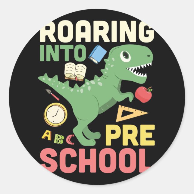 Pegatina Redonda Camino al profesor de dinosaurio preescolar preesc (Anverso)