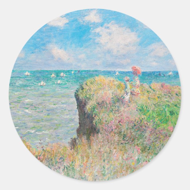 Pegatina Redonda Camino de acantilado en Pourville por Claude Monet (Anverso)
