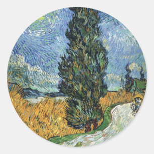 Pegatina Redonda Camino de cipreses de Van Gogh Impresionismo