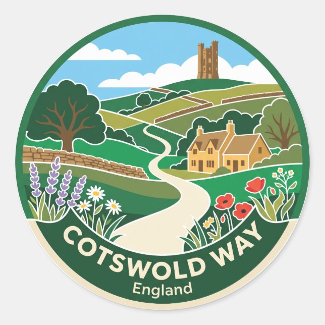 Pegatina Redonda Camino de Cotswold Inglaterra (Anverso)