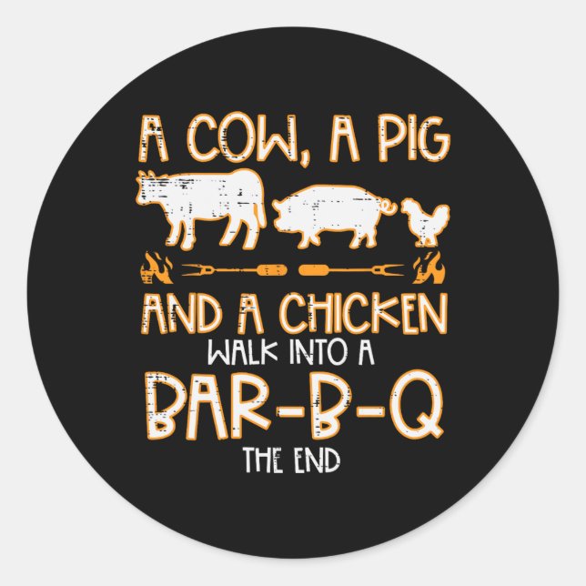 Pegatina Redonda Camino de pollo de cerdo de vaca R B Q Bbq Hombres (Anverso)